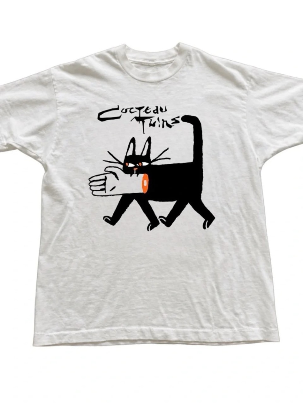 White Tee with Black Cat Graphic and Orange Accent